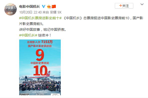 《中国机长》票房26.8亿 挺进国产影史票房前9